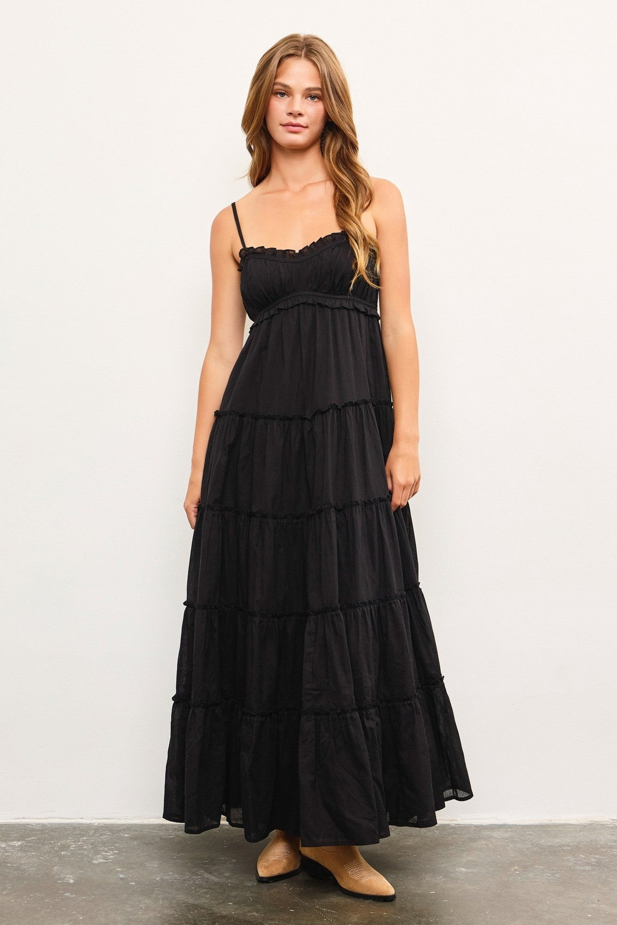Three Little Tots Black Shirred Bust Ruffle Tiered Maternity Maxi Dress, extra product detail