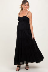 Three Little Tots Black Shirred Bust Ruffle Tiered Maternity Maxi Dress