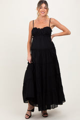 Three Little Tots Black Shirred Bust Ruffle Tiered Maternity Maxi Dress, additional product photo