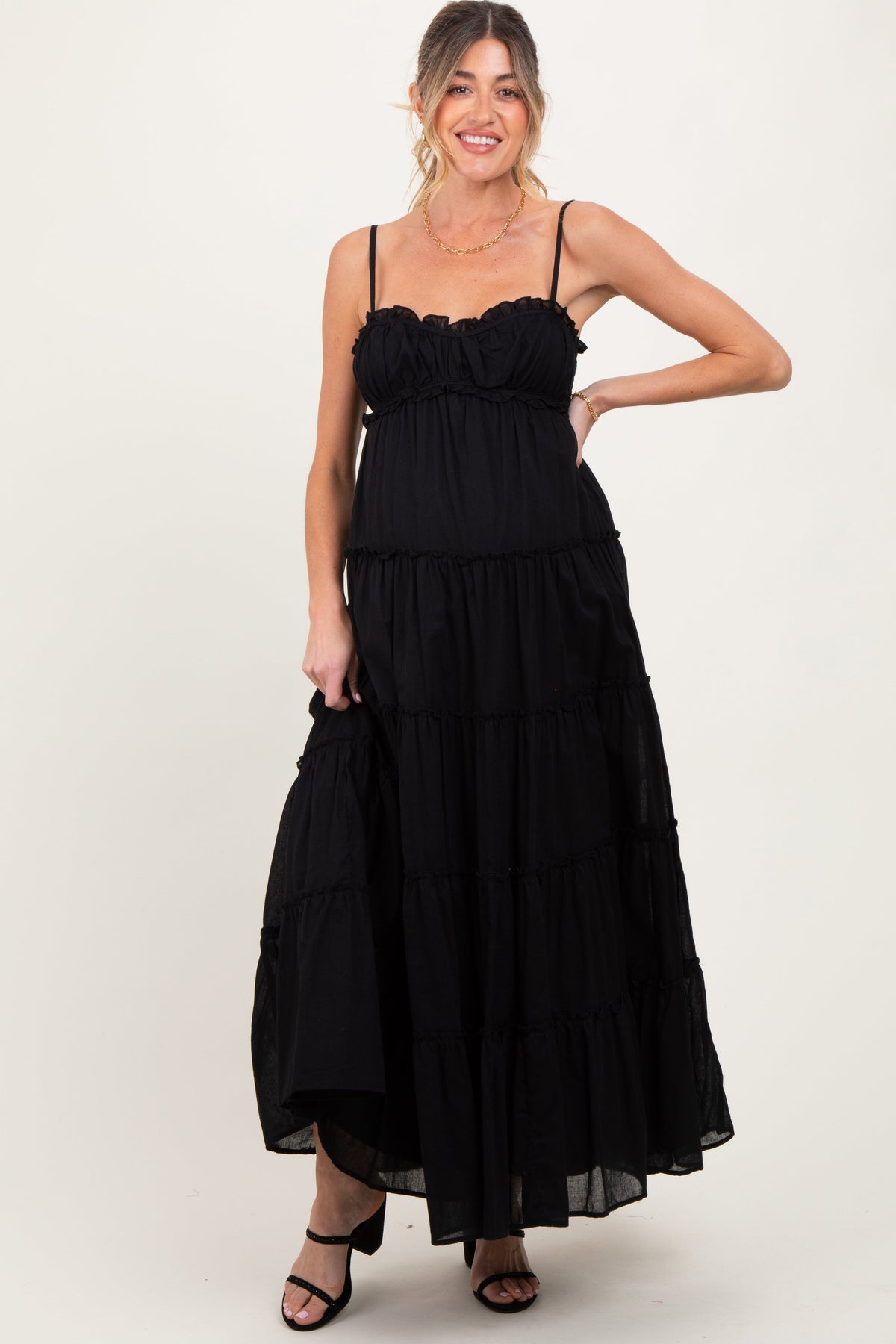 Three Little Tots Black Shirred Bust Ruffle Tiered Maternity Maxi Dress, additional product photo
