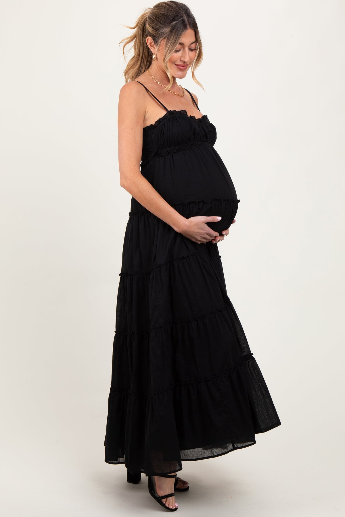 Three Little Tots Black Shirred Bust Ruffle Tiered Maternity Maxi Dress, alternate angle