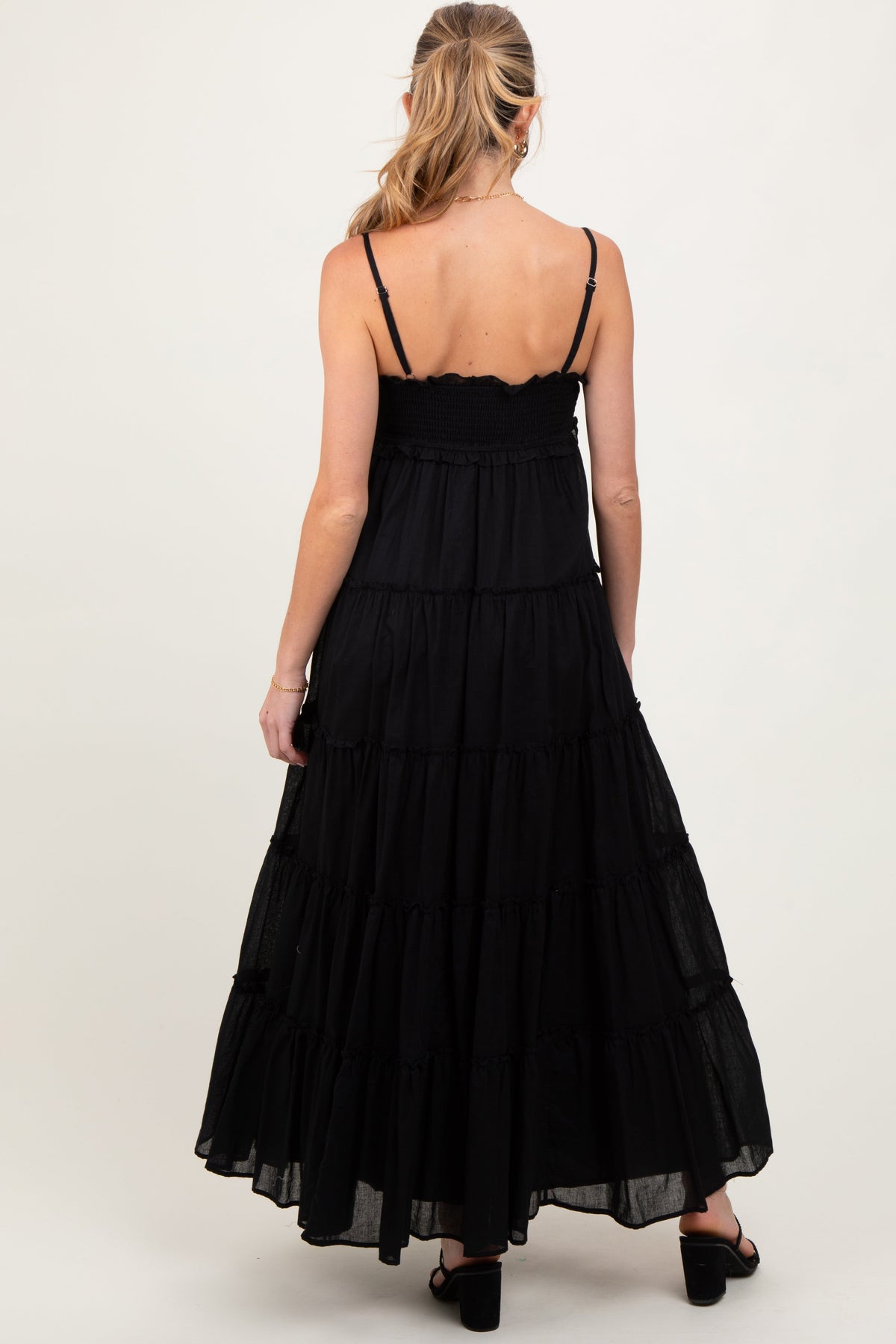 Three Little Tots Black Shirred Bust Ruffle Tiered Maternity Maxi Dress, additional view