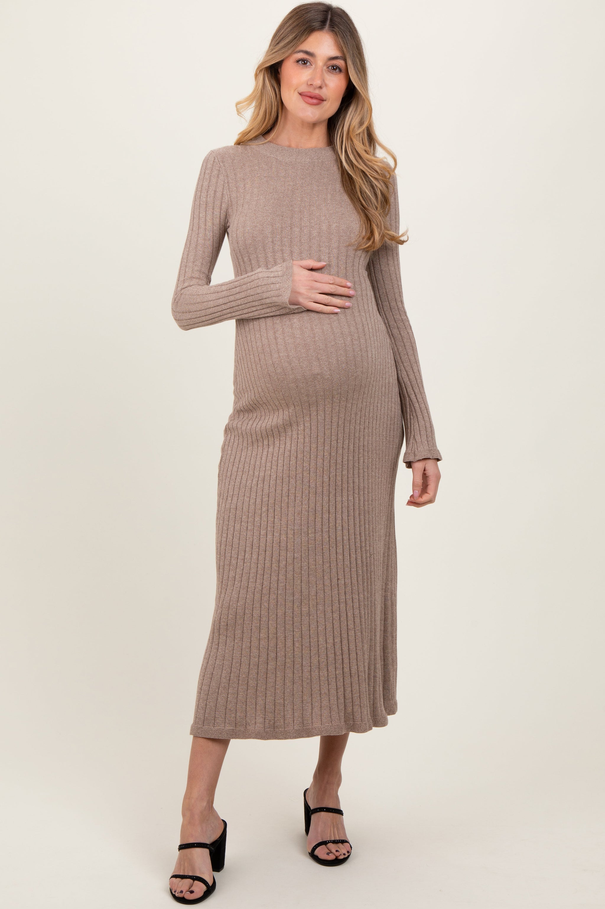 Three Little Tots Light Mocha Ribbed Knit Maternity Midi Sweater Dress