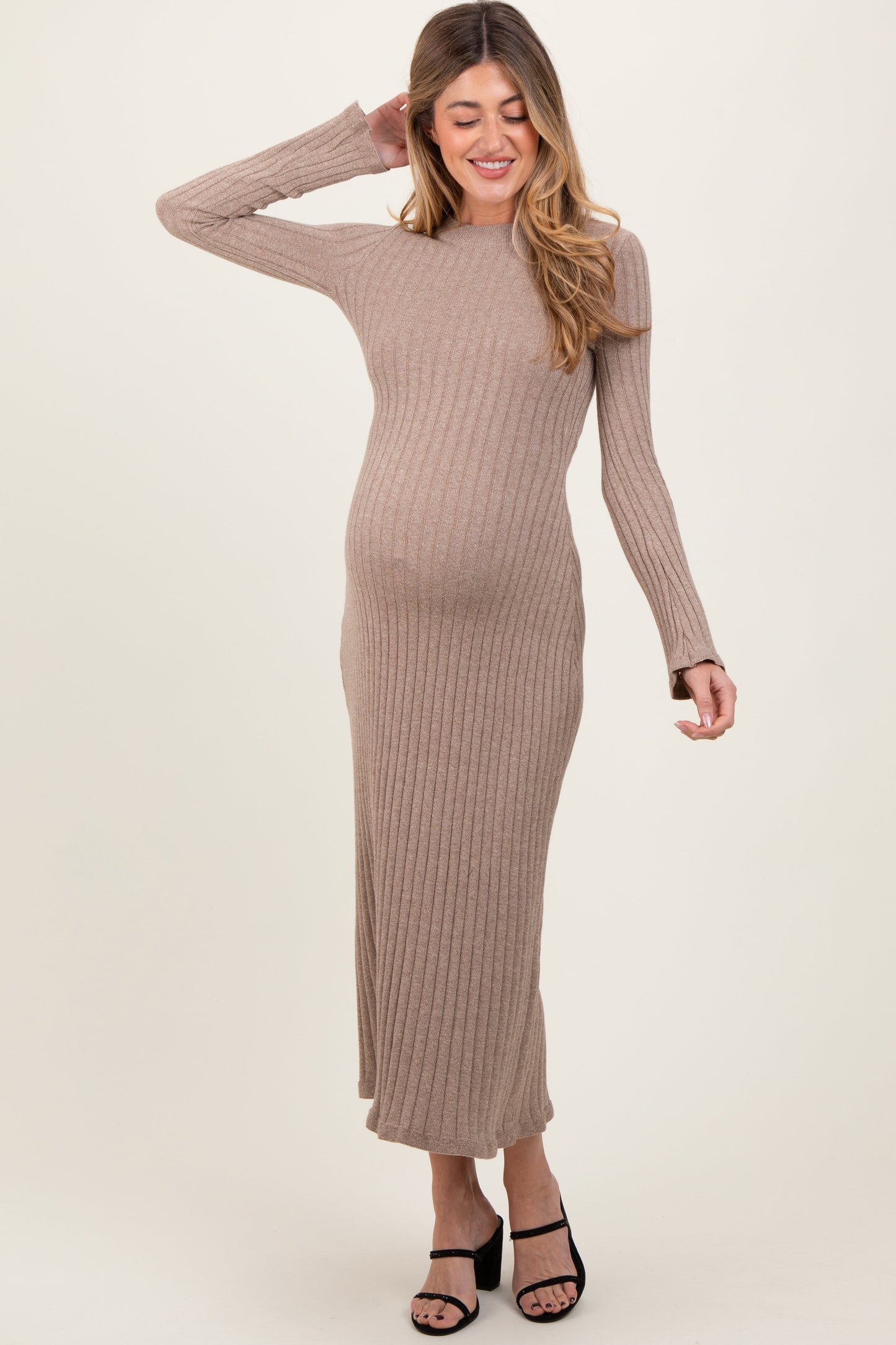 Three Little Tots Light Mocha Ribbed Knit Maternity Midi Sweater Dress, additional product photo