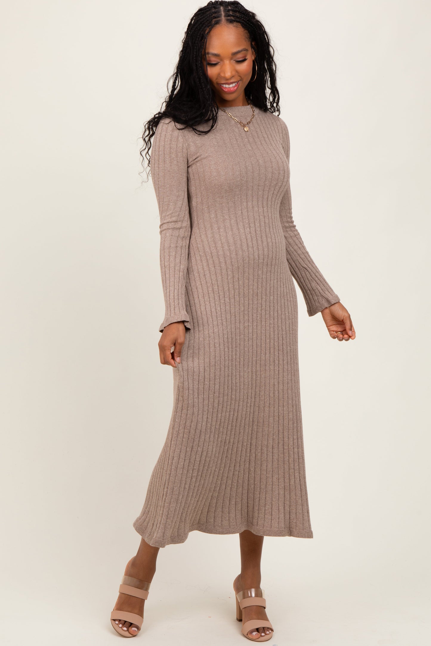 Three Little Tots Light Mocha Ribbed Knit Maternity Midi Sweater Dress, extra product detail