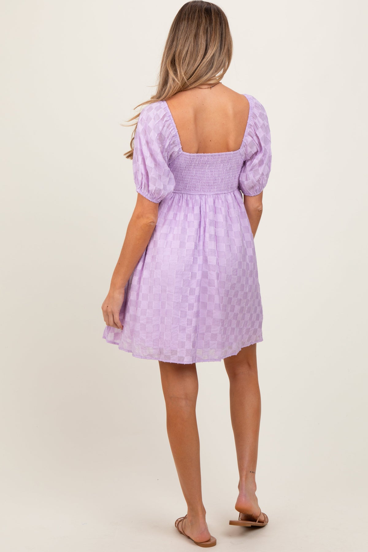 Three Little Tots Lavender Smocked Back Textured Babydoll Maternity Mini Dress, additional view