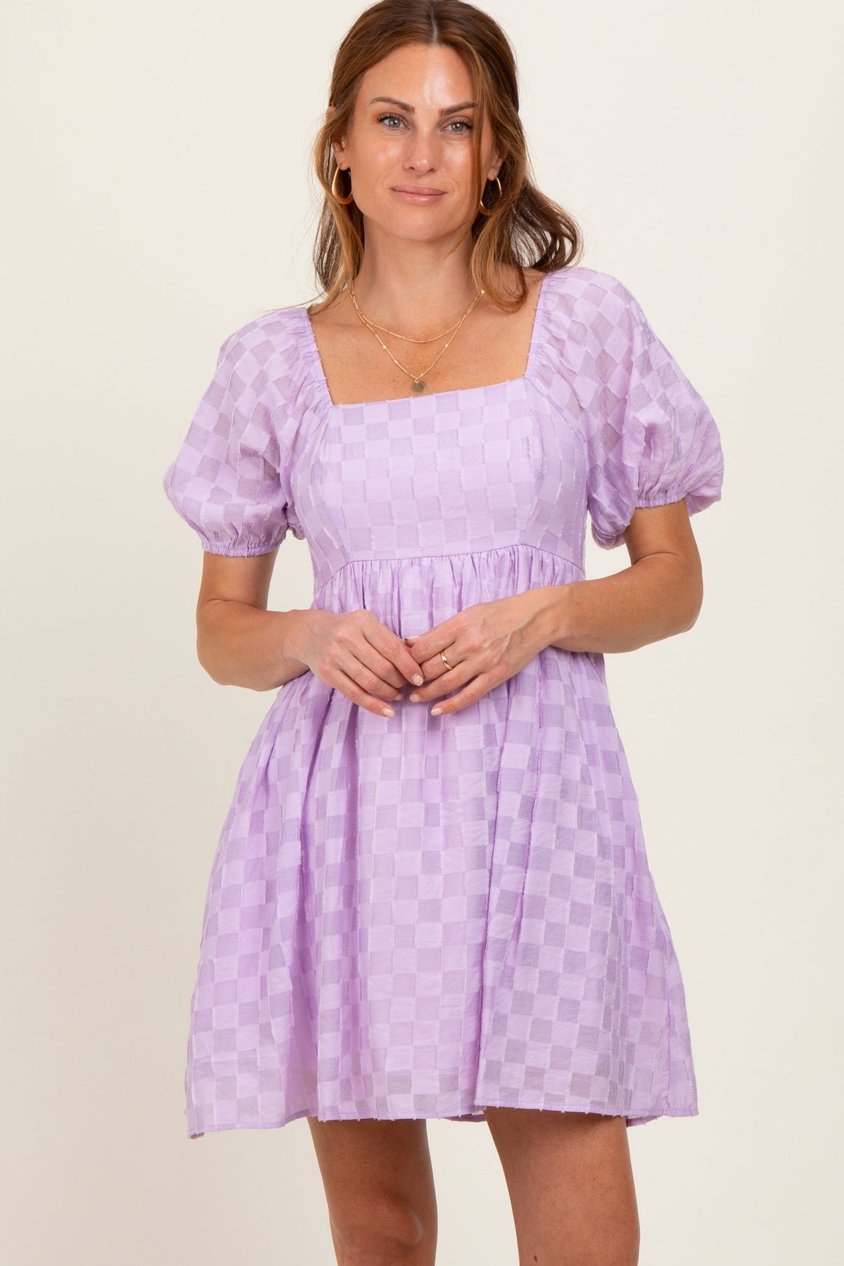 Three Little Tots Lavender Smocked Back Textured Babydoll Maternity Mini Dress, extra product detail