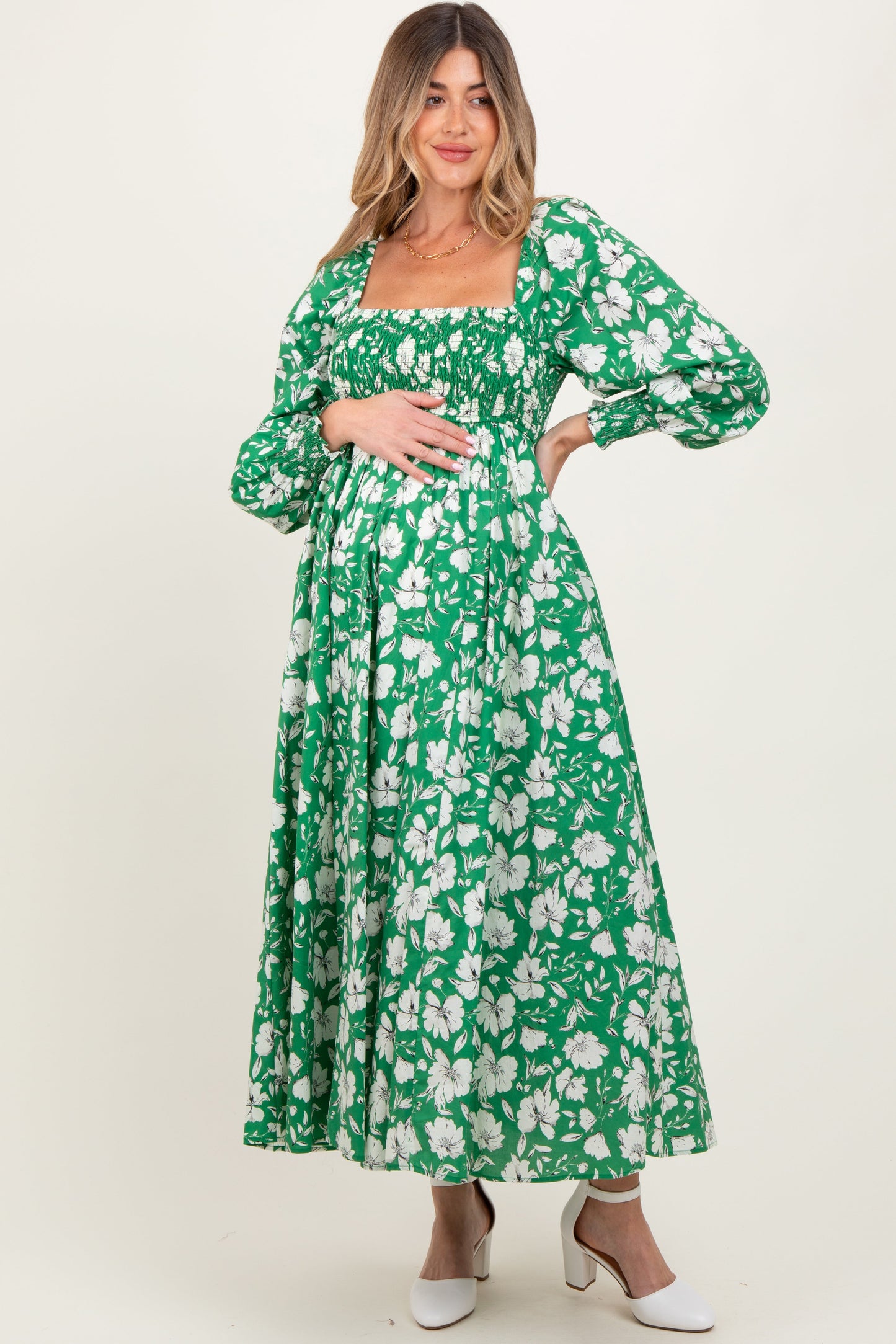 maternity maxi dress cotton Green Smocked Cotton Floral Maternity Maxi Dress