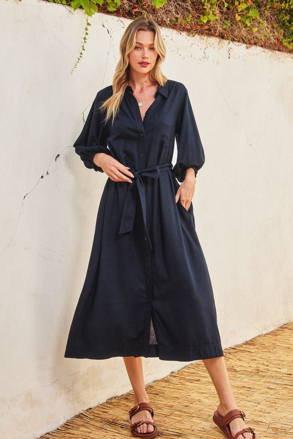 Three Little Tots Navy 3 4 Bubble Sleeve Maternity Midi Shirt Dress, additional view