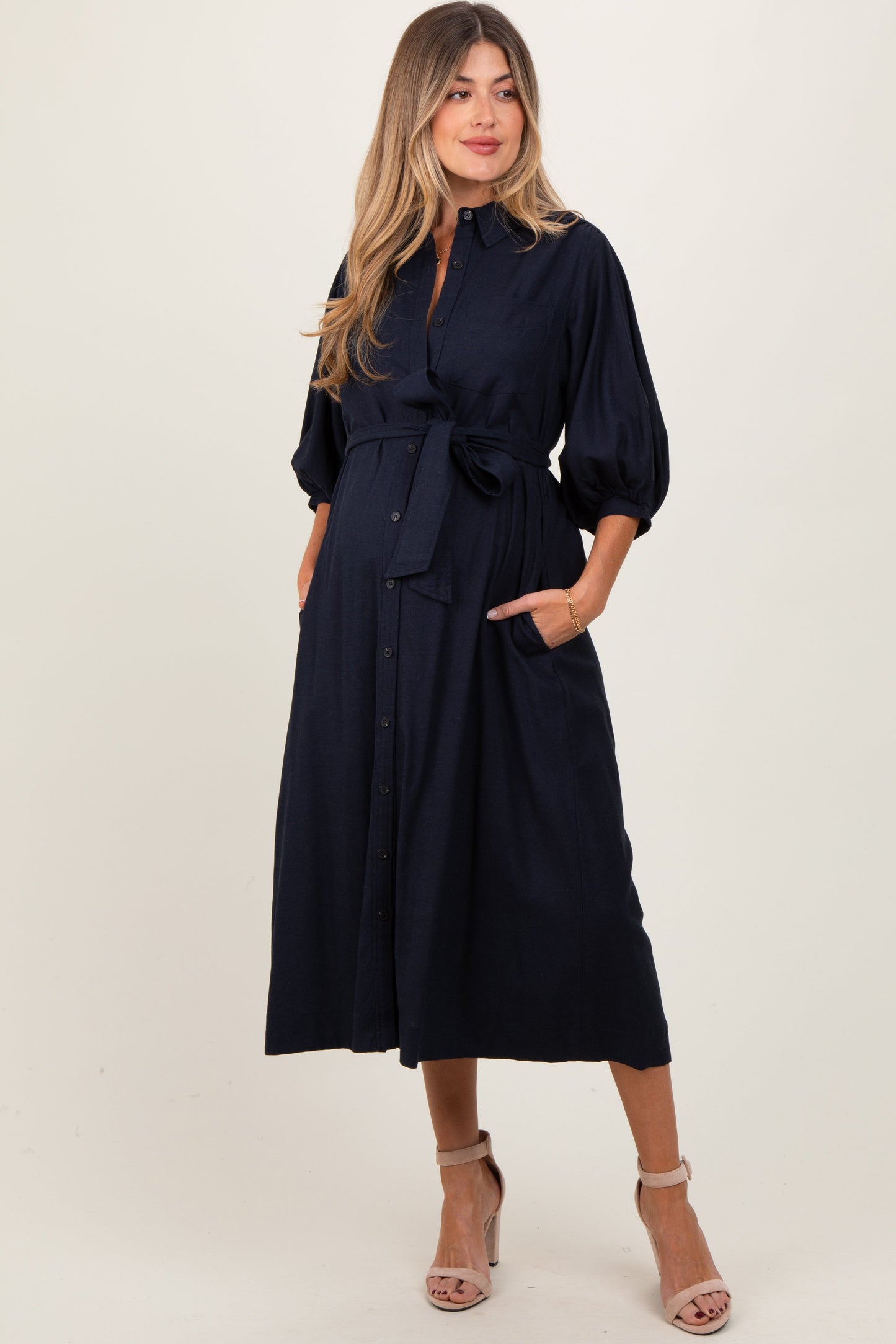 Three Little Tots Navy 3 4 Bubble Sleeve Maternity Midi Shirt Dress