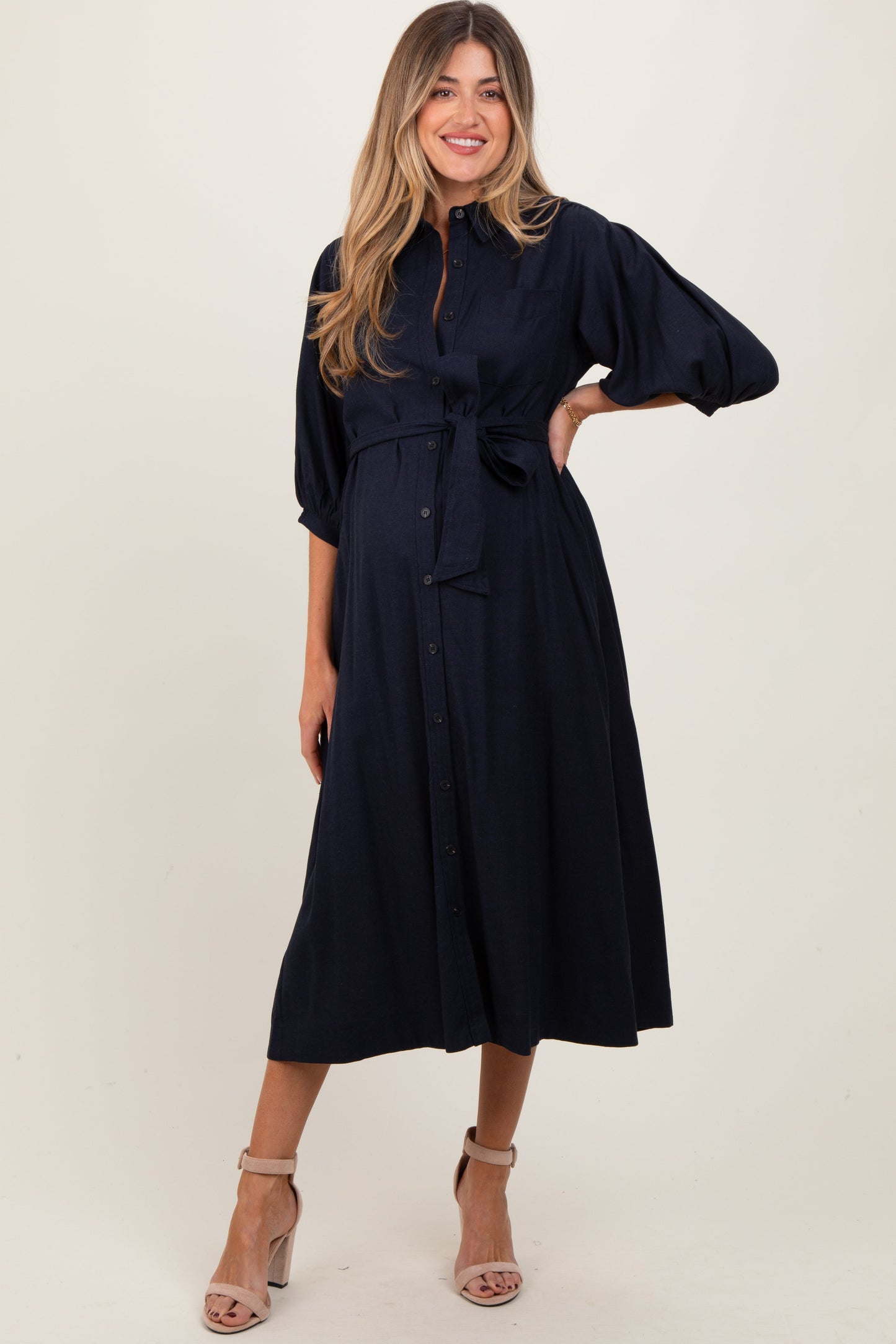 Three Little Tots Navy 3 4 Bubble Sleeve Maternity Midi Shirt Dress, additional product photo