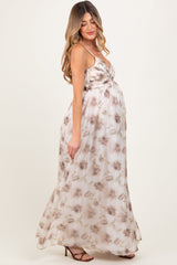 Taupe Multi Floral Print Sleeveless Maternity Maxi Dress