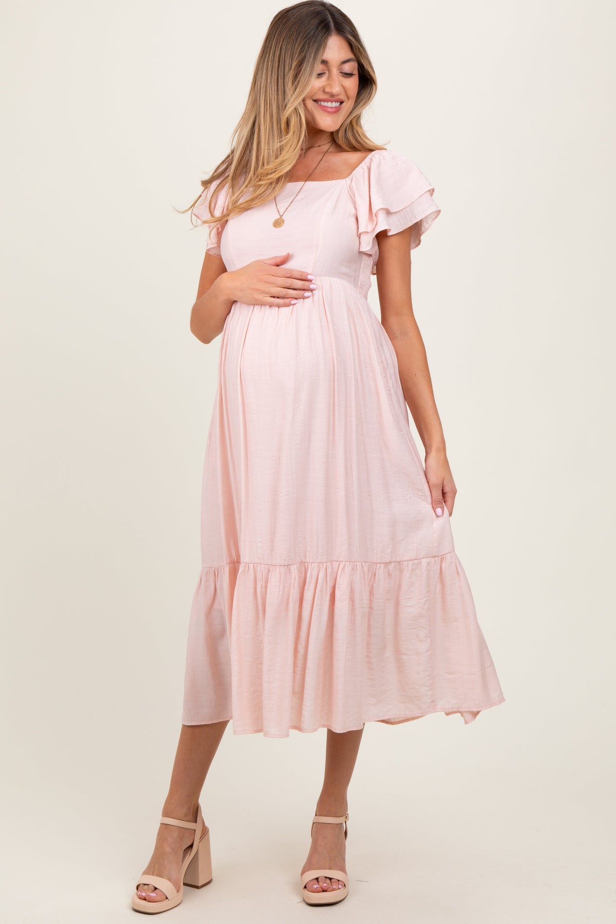 Three Little Tots Light Pink Flutter Sleeve Maternity Midi Dress