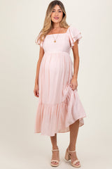 Three Little Tots Light Pink Flutter Sleeve Maternity Midi Dress, additional product photo