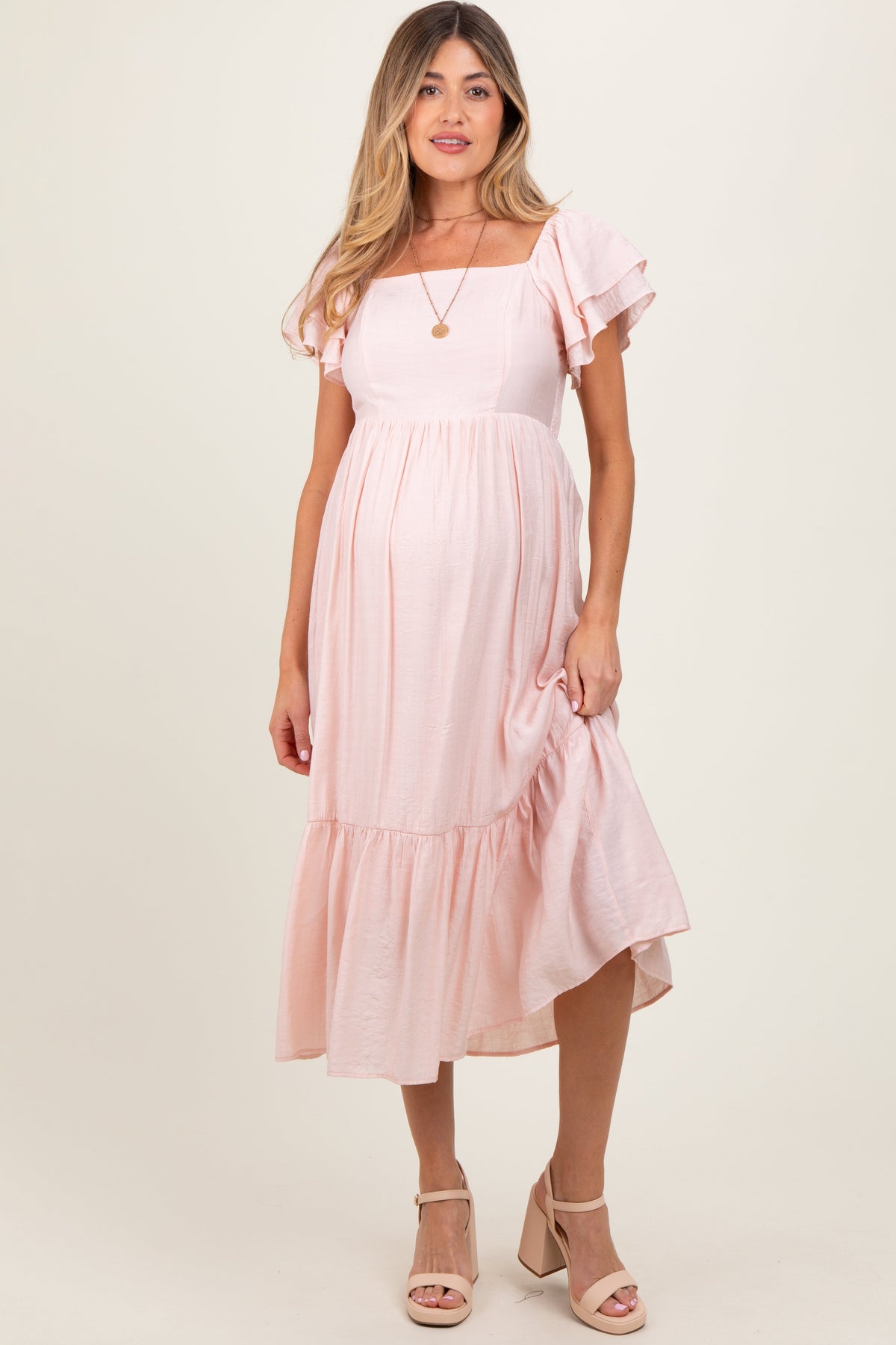 Three Little Tots Light Pink Flutter Sleeve Maternity Midi Dress, additional product photo