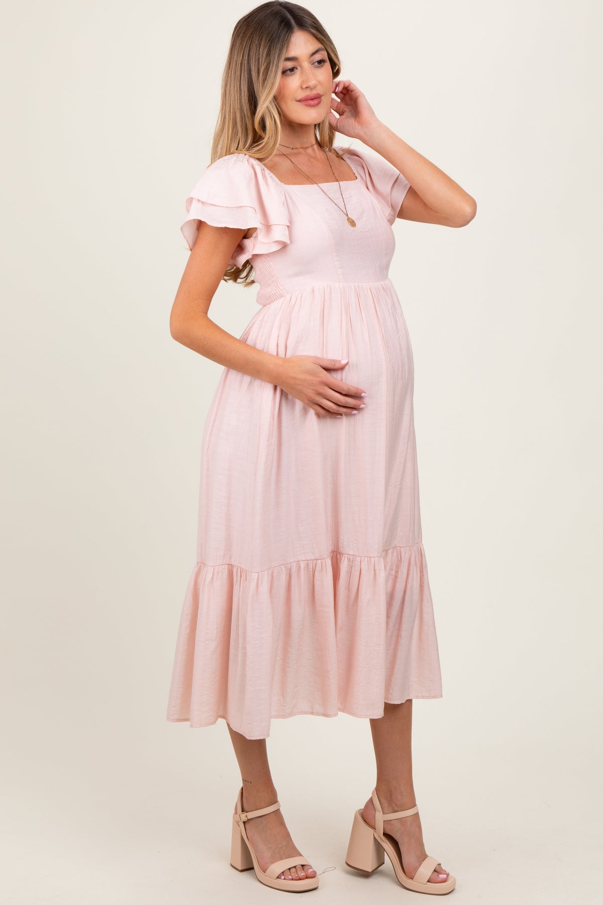 Three Little Tots Light Pink Flutter Sleeve Maternity Midi Dress, alternate angle