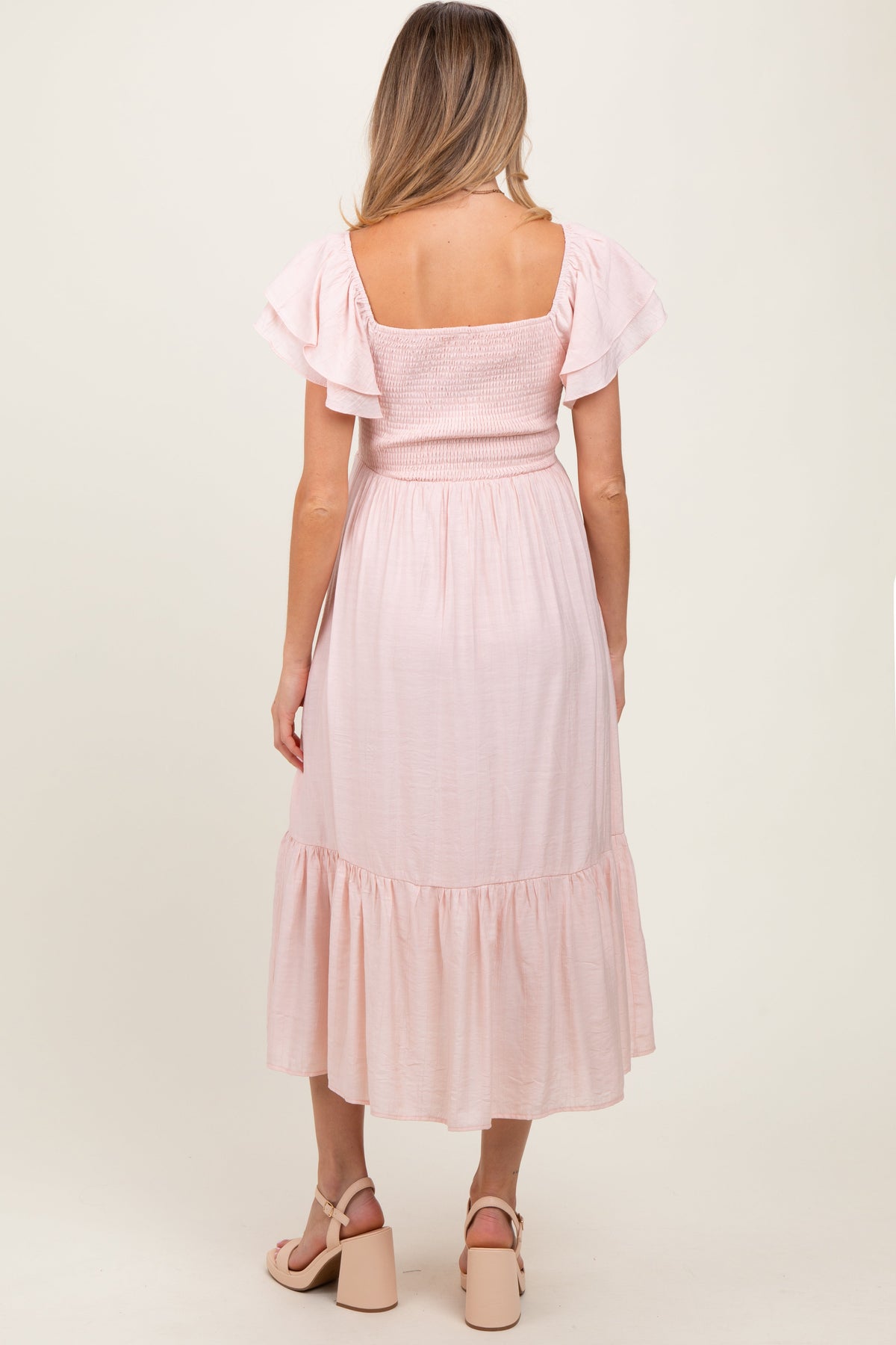 Three Little Tots Light Pink Flutter Sleeve Maternity Midi Dress, additional view