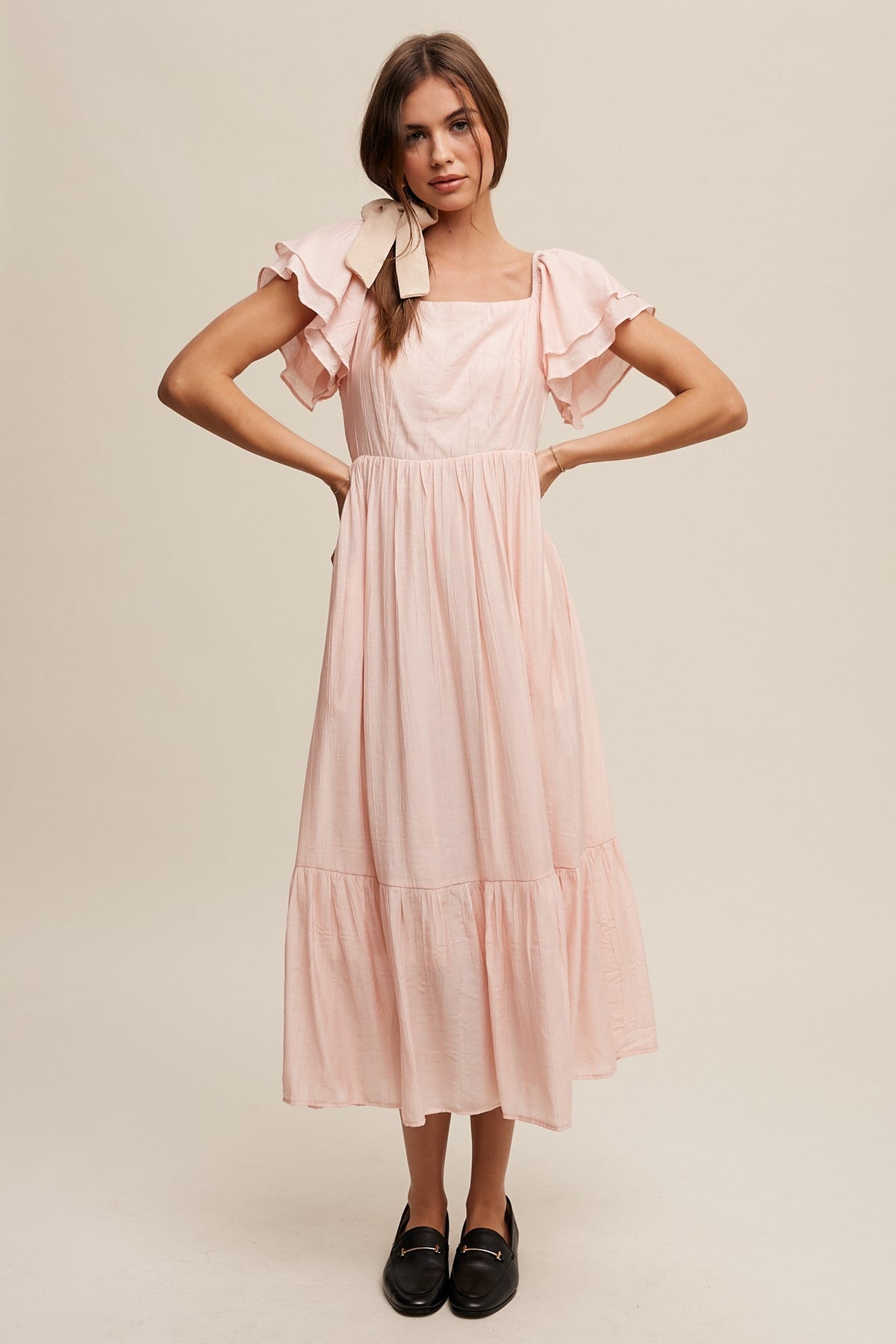 Three Little Tots Light Pink Flutter Sleeve Maternity Midi Dress, extra product detail