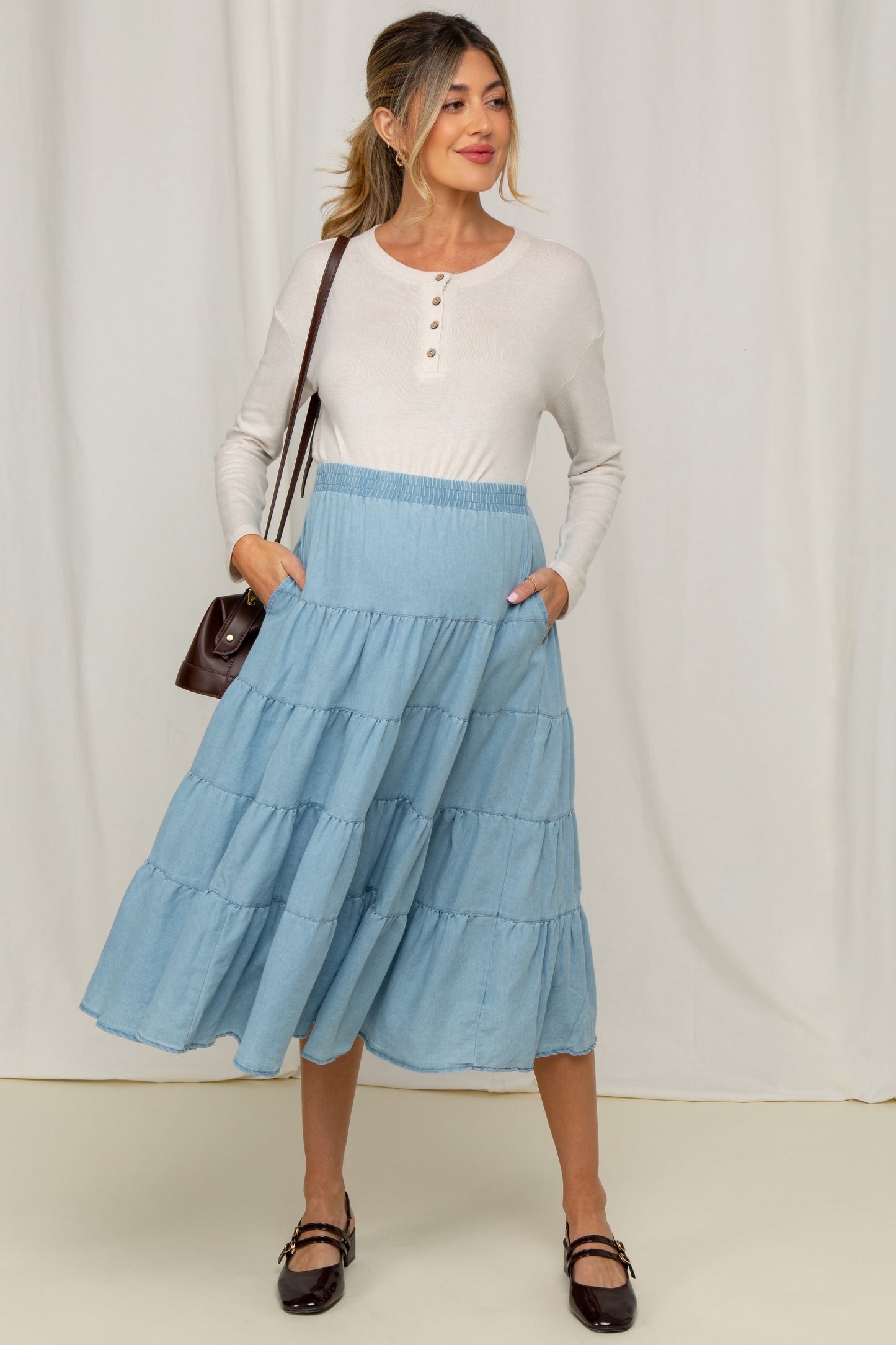 Three Little Tots Light Blue Tiered Elastic Maternity Midi Skirt