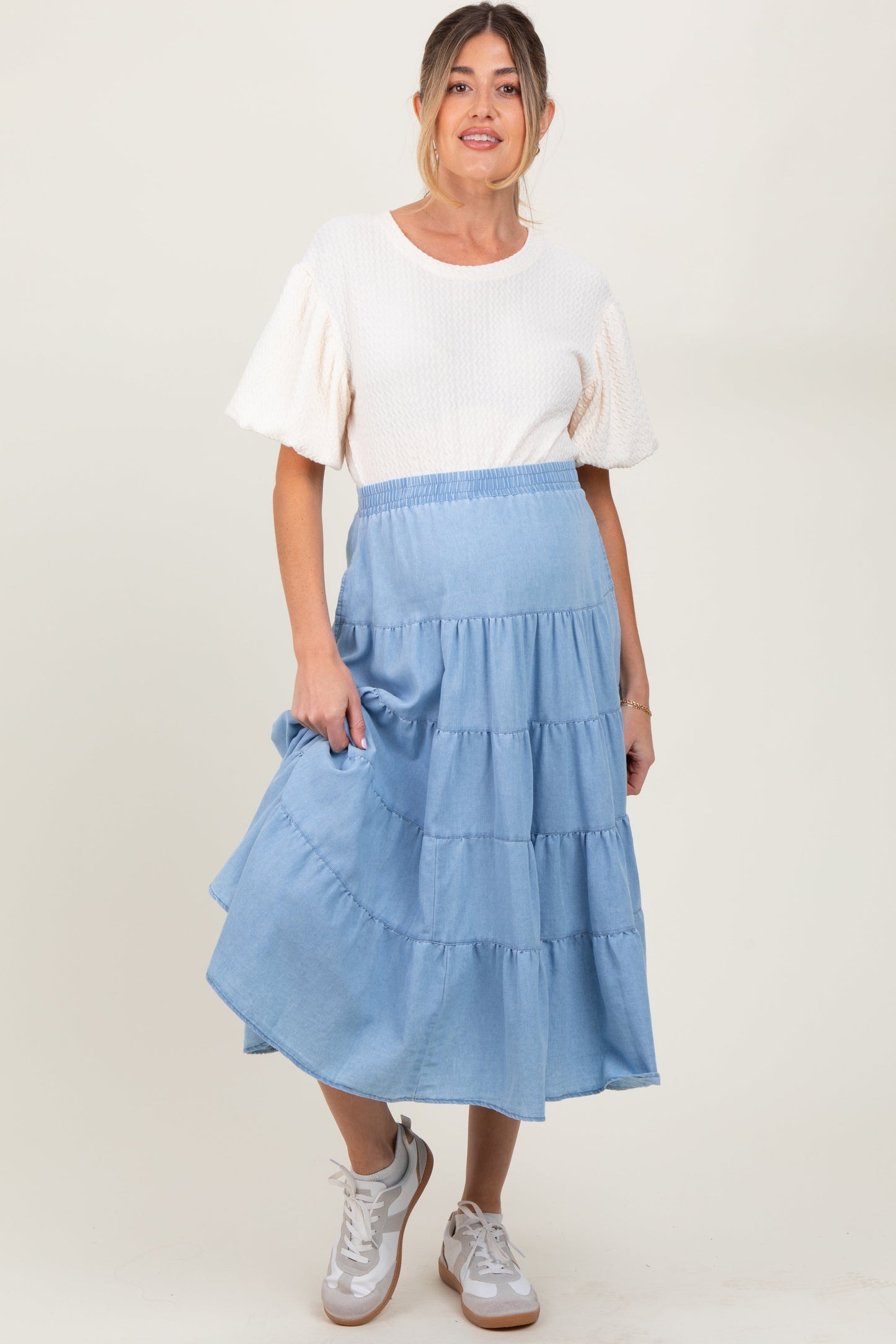 Three Little Tots Light Blue Tiered Elastic Maternity Midi Skirt, additional product photo