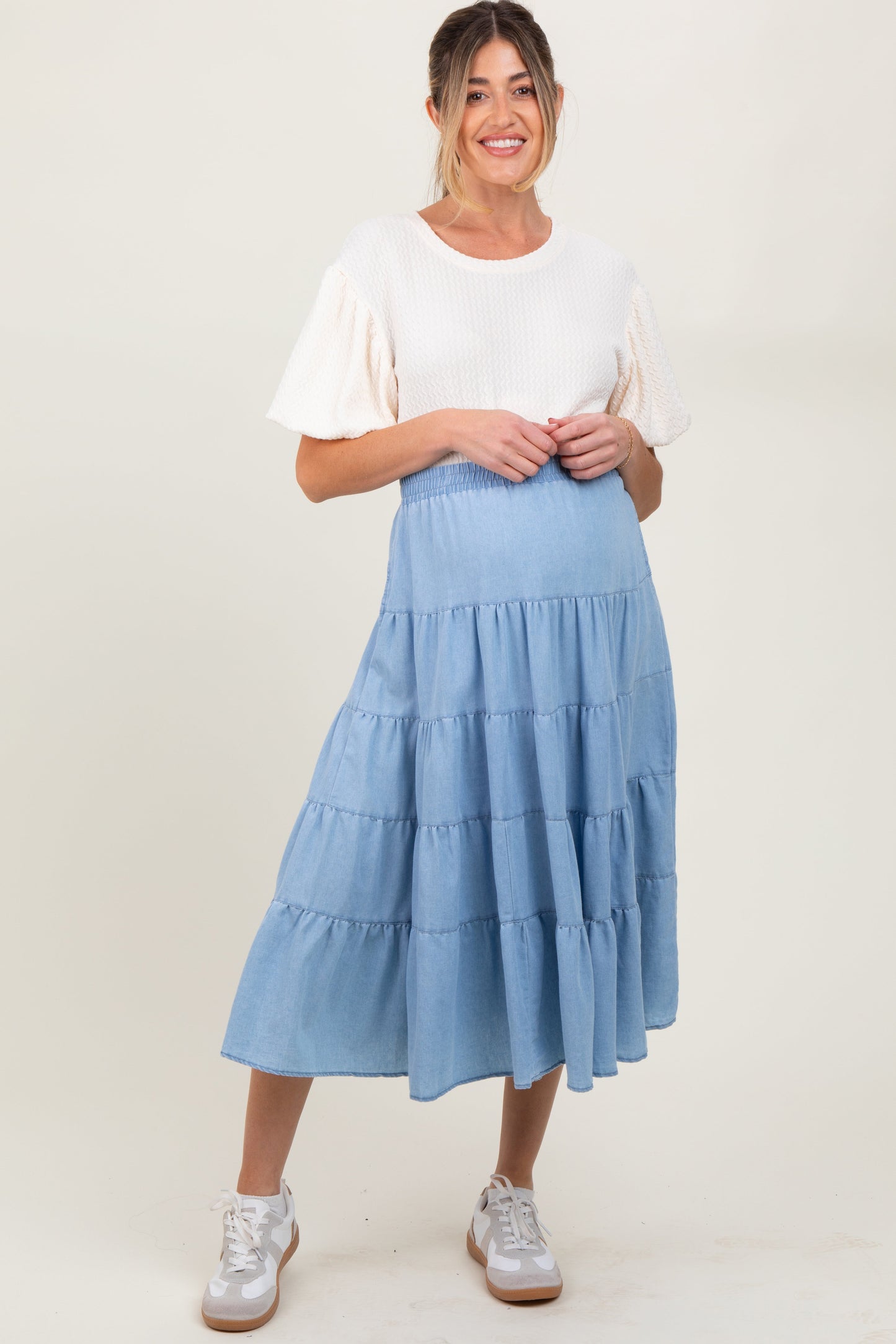 Three Little Tots Light Blue Tiered Elastic Maternity Midi Skirt, alternate angle