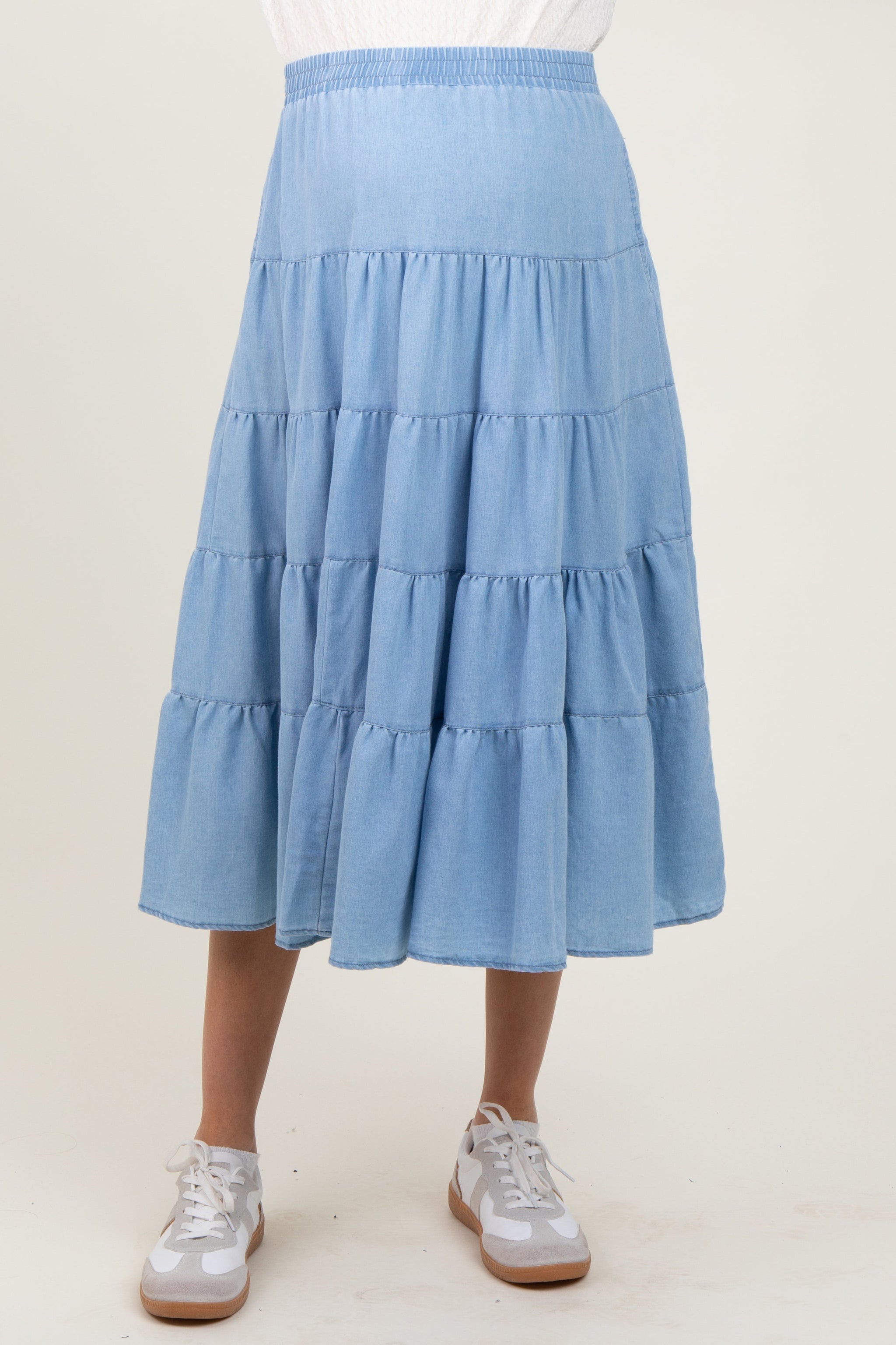 Three Little Tots Light Blue Tiered Elastic Maternity Midi Skirt, additional view