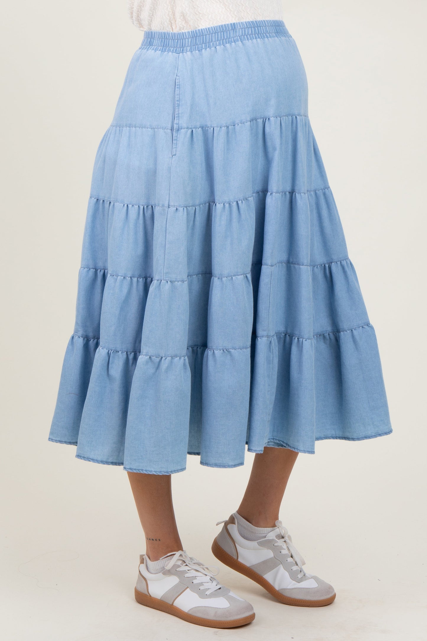 Three Little Tots Light Blue Tiered Elastic Maternity Midi Skirt, extra product detail