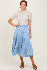 Three Little Tots Light Blue Tiered Elastic Maternity Midi Skirt, another angle