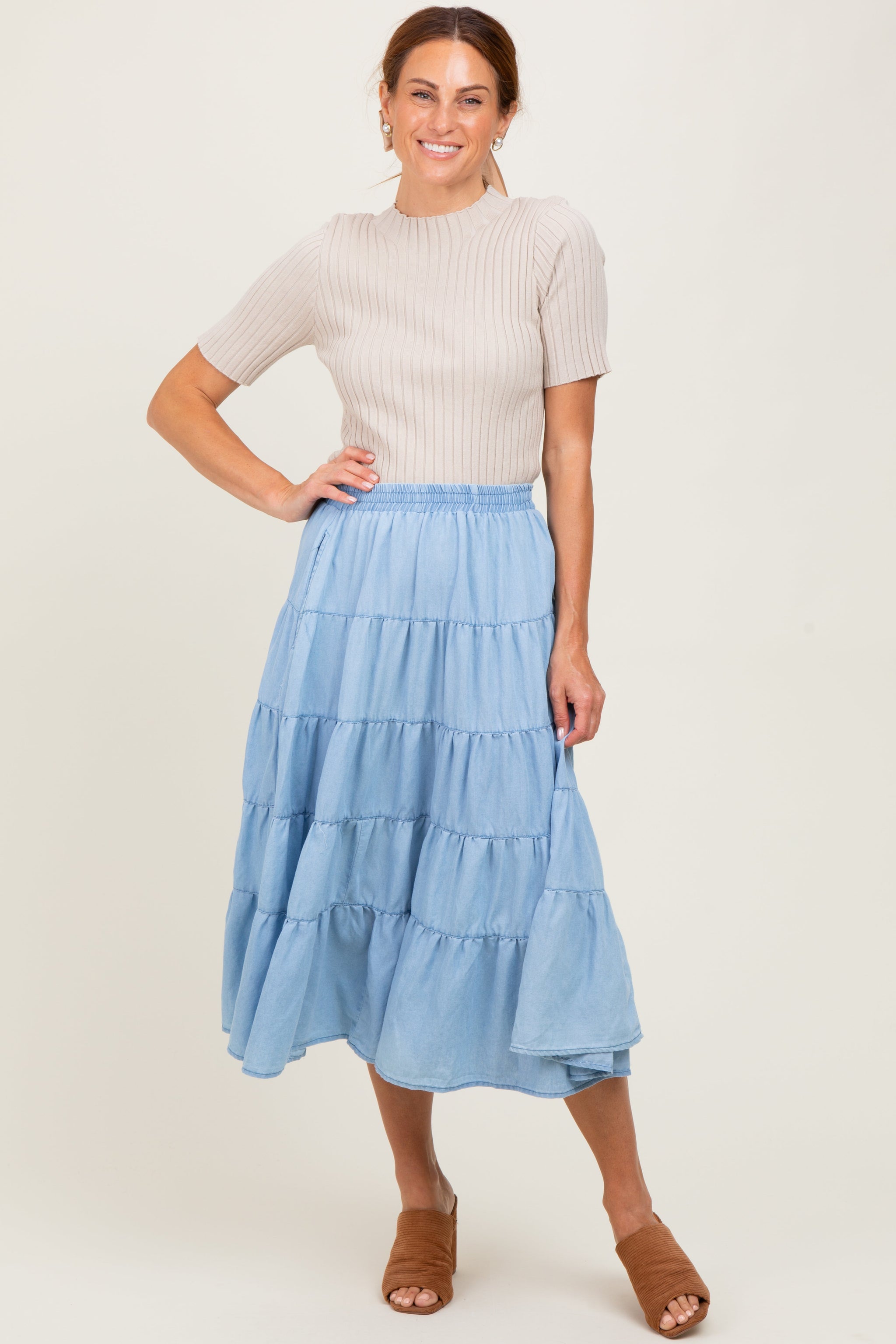 Three Little Tots Light Blue Tiered Elastic Maternity Midi Skirt, another angle