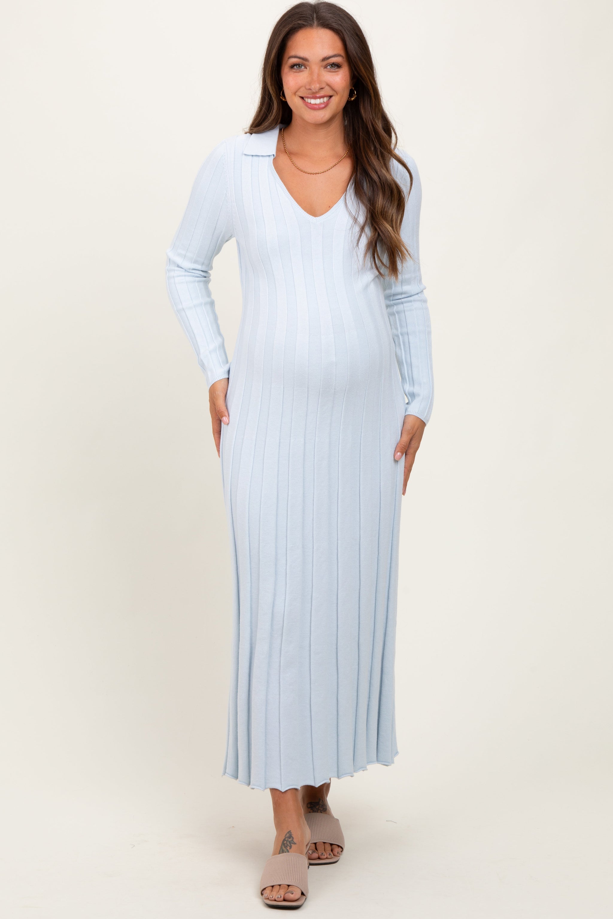 Three Little Tots Light Blue Wide Ribbed Knit Collared Maternity Midi Dress, additional product photo