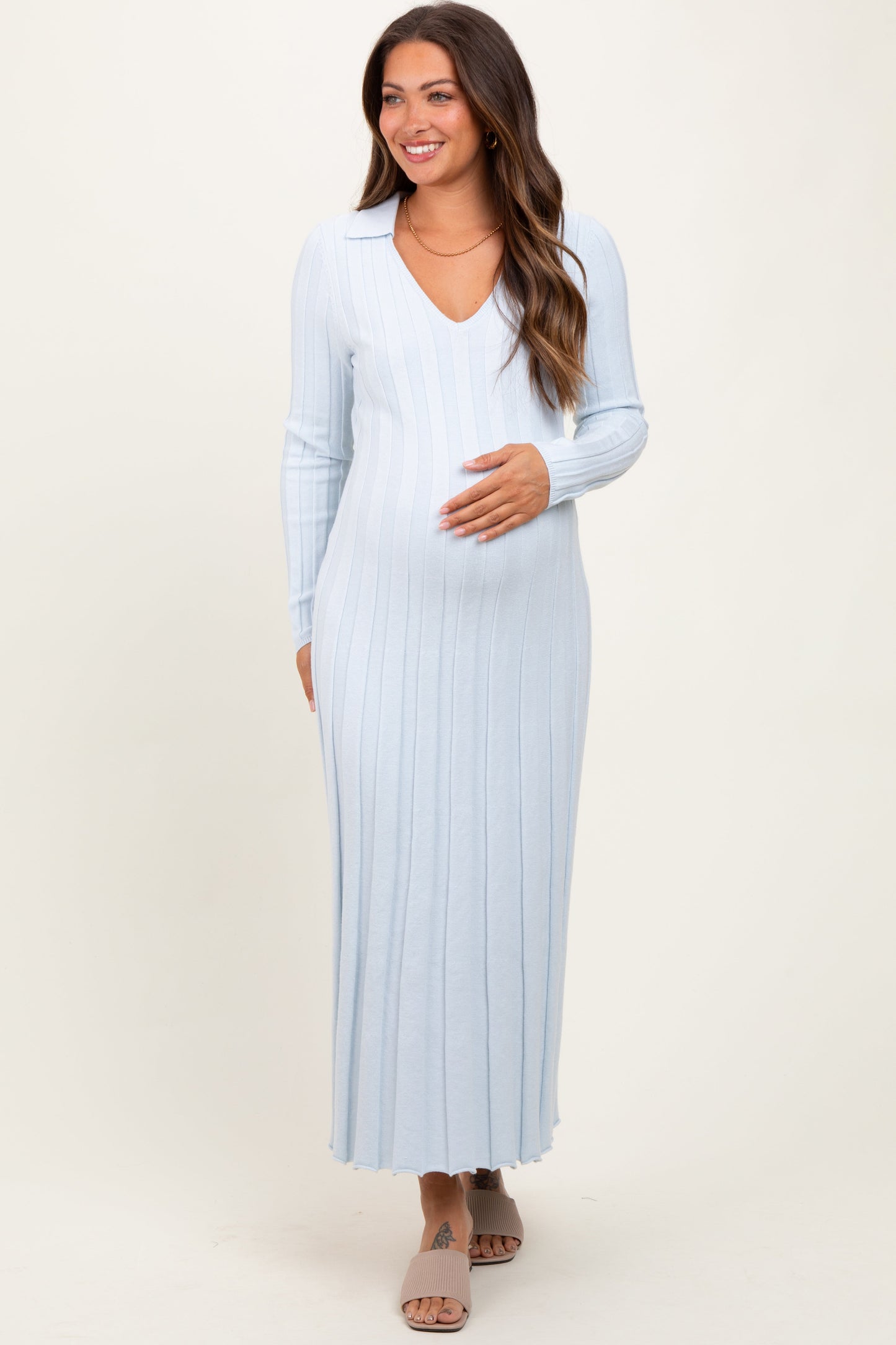 Three Little Tots Light Blue Wide Ribbed Knit Collared Maternity Midi Dress