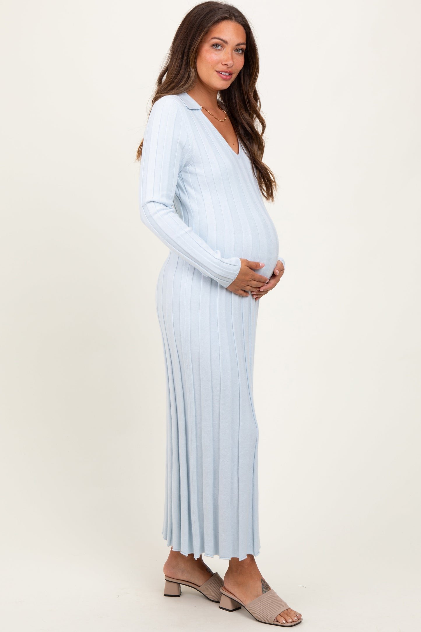Three Little Tots Light Blue Wide Ribbed Knit Collared Maternity Midi Dress, alternate angle