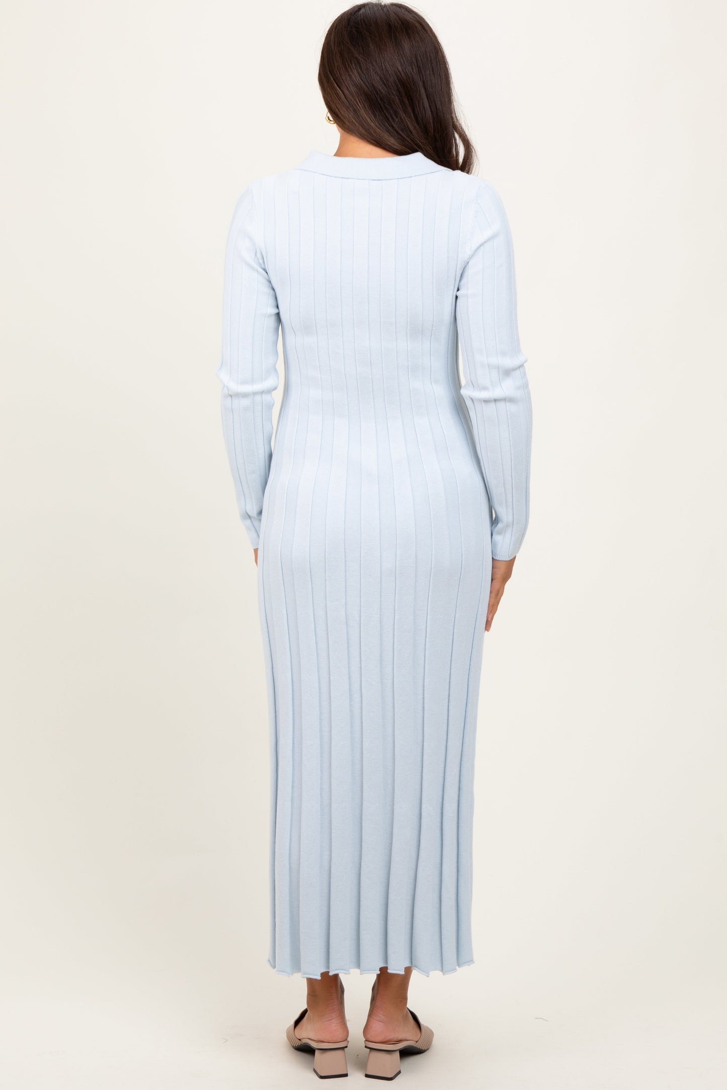 Three Little Tots Light Blue Wide Ribbed Knit Collared Maternity Midi Dress, additional view