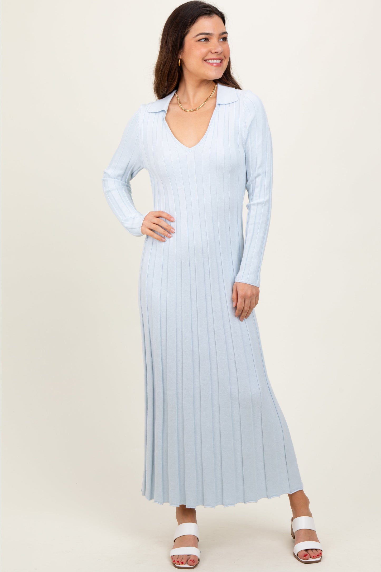 Three Little Tots Light Blue Wide Ribbed Knit Collared Maternity Midi Dress, extra product detail
