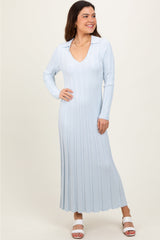 Three Little Tots Light Blue Wide Ribbed Knit Collared Maternity Midi Dress, extra product detail