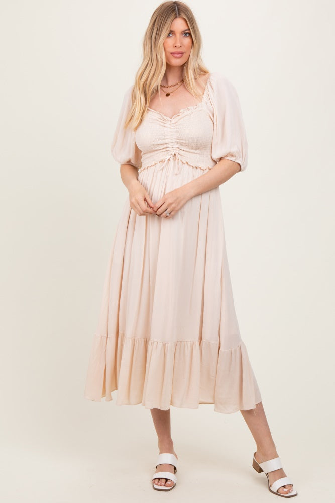 Three Little Tots Taupe Smocked Cinched Front Maternity Maxi Dress, extra product detail