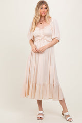 Three Little Tots Taupe Smocked Cinched Front Maternity Maxi Dress, extra product detail