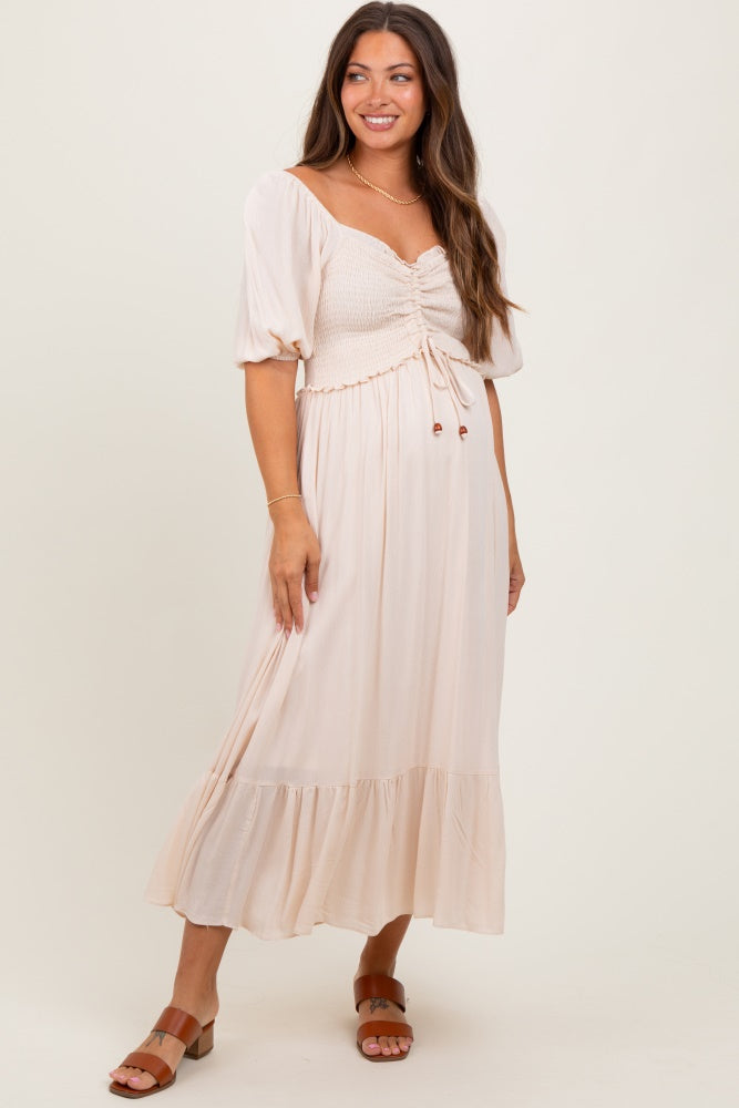 Three Little Tots Taupe Smocked Cinched Front Maternity Maxi Dress