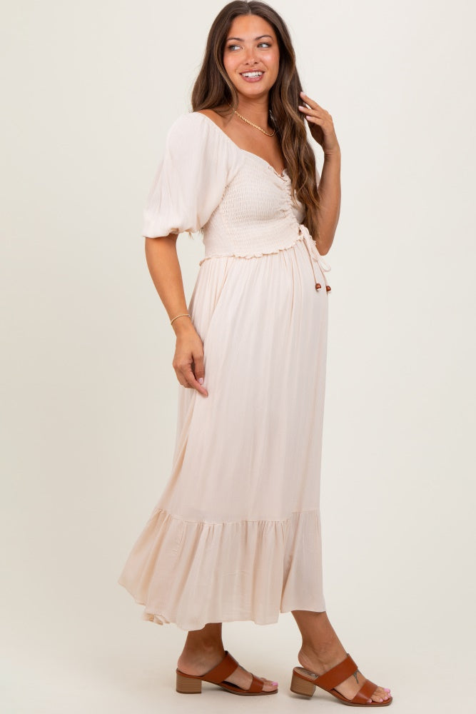 Three Little Tots Taupe Smocked Cinched Front Maternity Maxi Dress, additional product photo