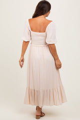 Three Little Tots Taupe Smocked Cinched Front Maternity Maxi Dress, alternate angle