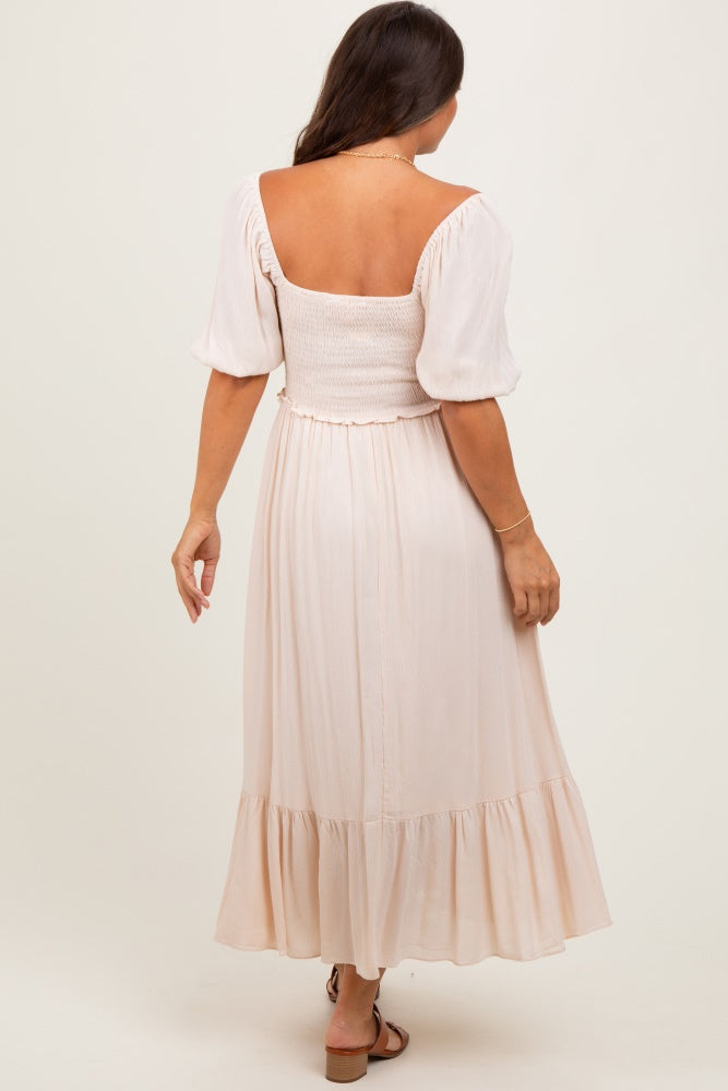 Three Little Tots Taupe Smocked Cinched Front Maternity Maxi Dress, alternate angle