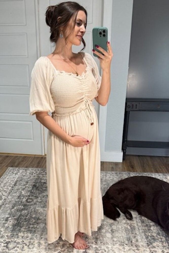 Three Little Tots Taupe Smocked Cinched Front Maternity Maxi Dress, additional view