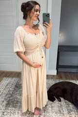 Three Little Tots Taupe Smocked Cinched Front Maternity Maxi Dress, additional view