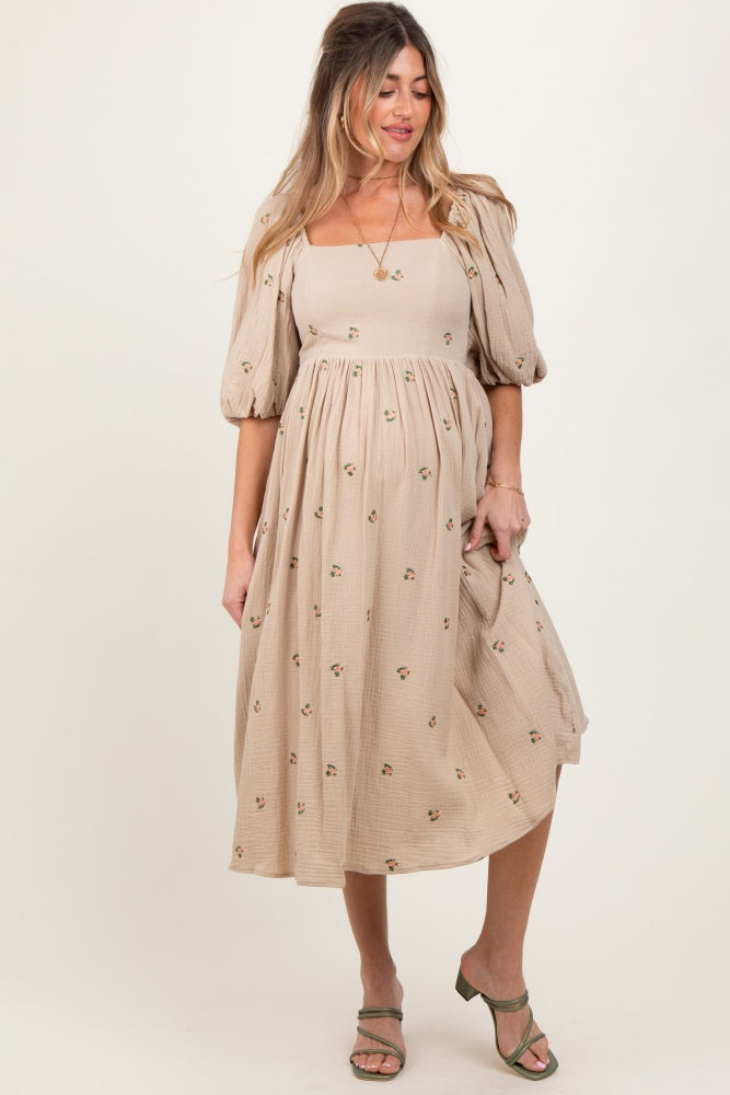 Taupe Floral Maternity Midi Dress
