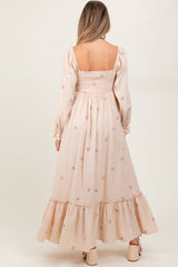 Cream Long Sleeve Floral Accent Maternity Dress