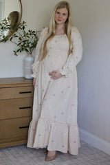 Cream Long Sleeve Floral Accent Maternity Dress
