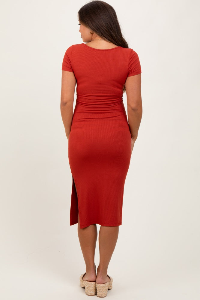Three Little Tots Orange Ribbed Short Sleeve Side Slit Maternity Midi Dress, additional view