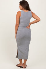 Three Little Tots Heather Grey Ribbed Sleeveless Side Slit Maternity Midi Dress, additional view