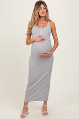 Three Little Tots Ivory Striped Button Front Sleeveless Maternity Maxi Dress