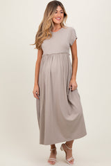 Three Little Tots Taupe Ruffle Trim Maternity Maxi Dress